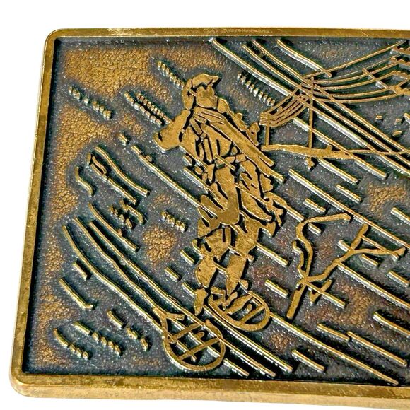 Vintage Electric Power Lineman in Snowshoes‎ Snow Storm Brass Belt Buckle 1970's - Picture 2 of 8